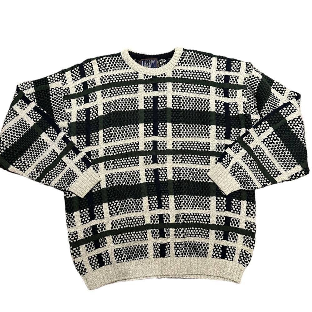 Vintage Liberty 100%Cotton Light Gray Plaid Crewneck Sweater Mens XL Made in USA